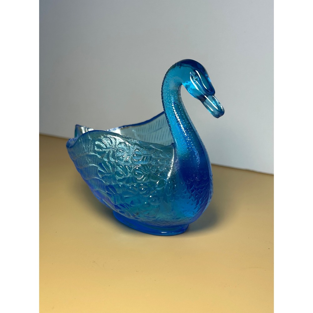 Vintage Blue Carnival Glass Swan Dish Iridescent Decorative Figurine Bowl